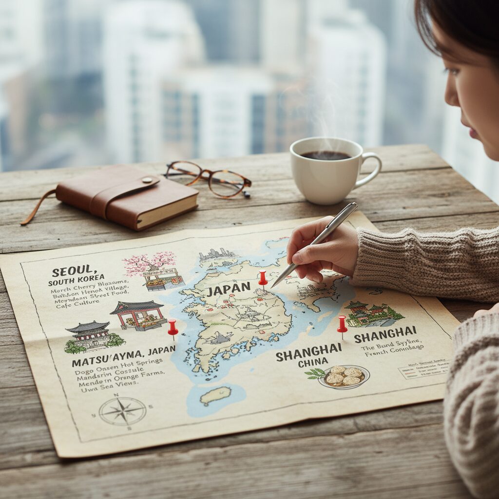 3월 주말 여행을 위한 한국과 일본 마츠야마 중국 상하이의 추천 장소 지도