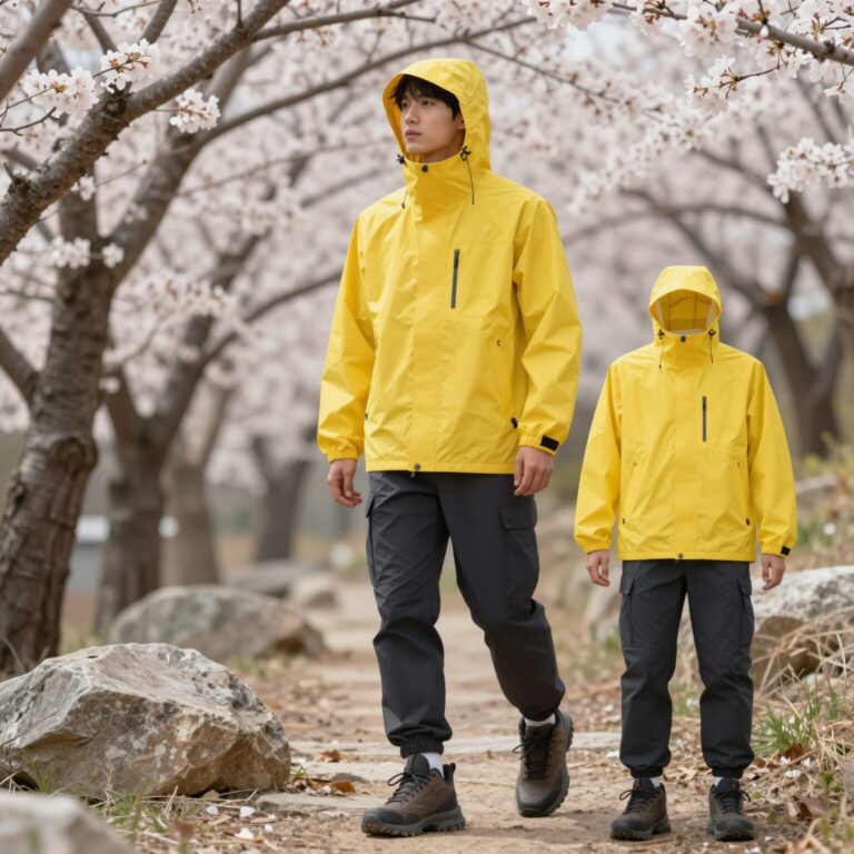 봄 등산복 코디 예시로 밝은 색상의 바람막이와 변형 가능한 바지를 착용한 모습