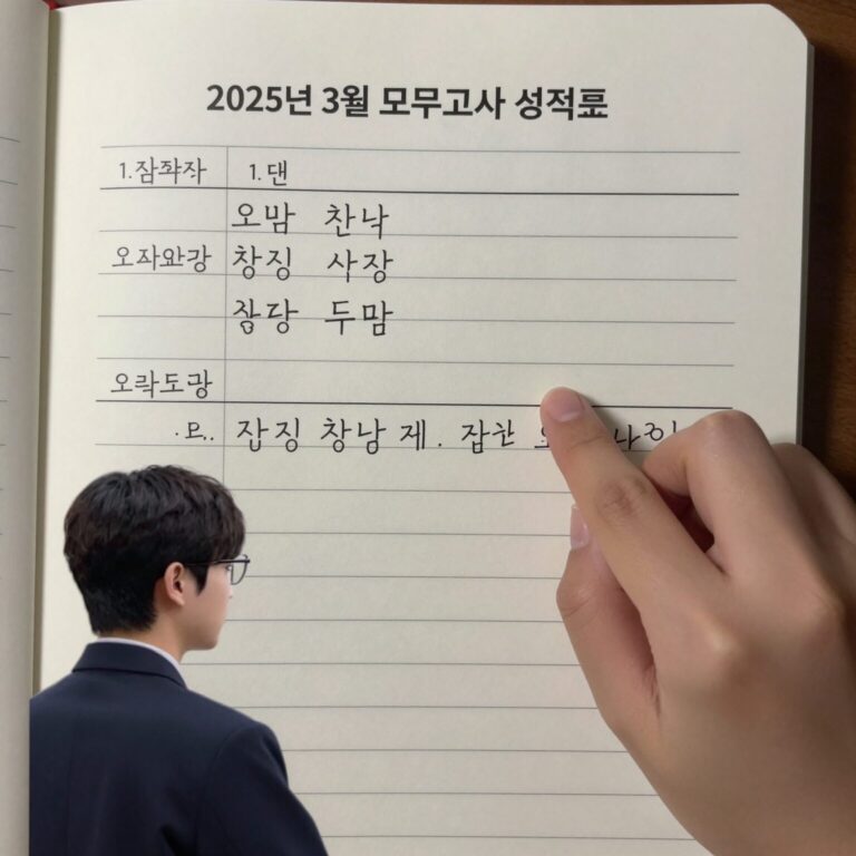 2025년 3월 모의고사 성적표와 오답 노트를 분석하는 학생