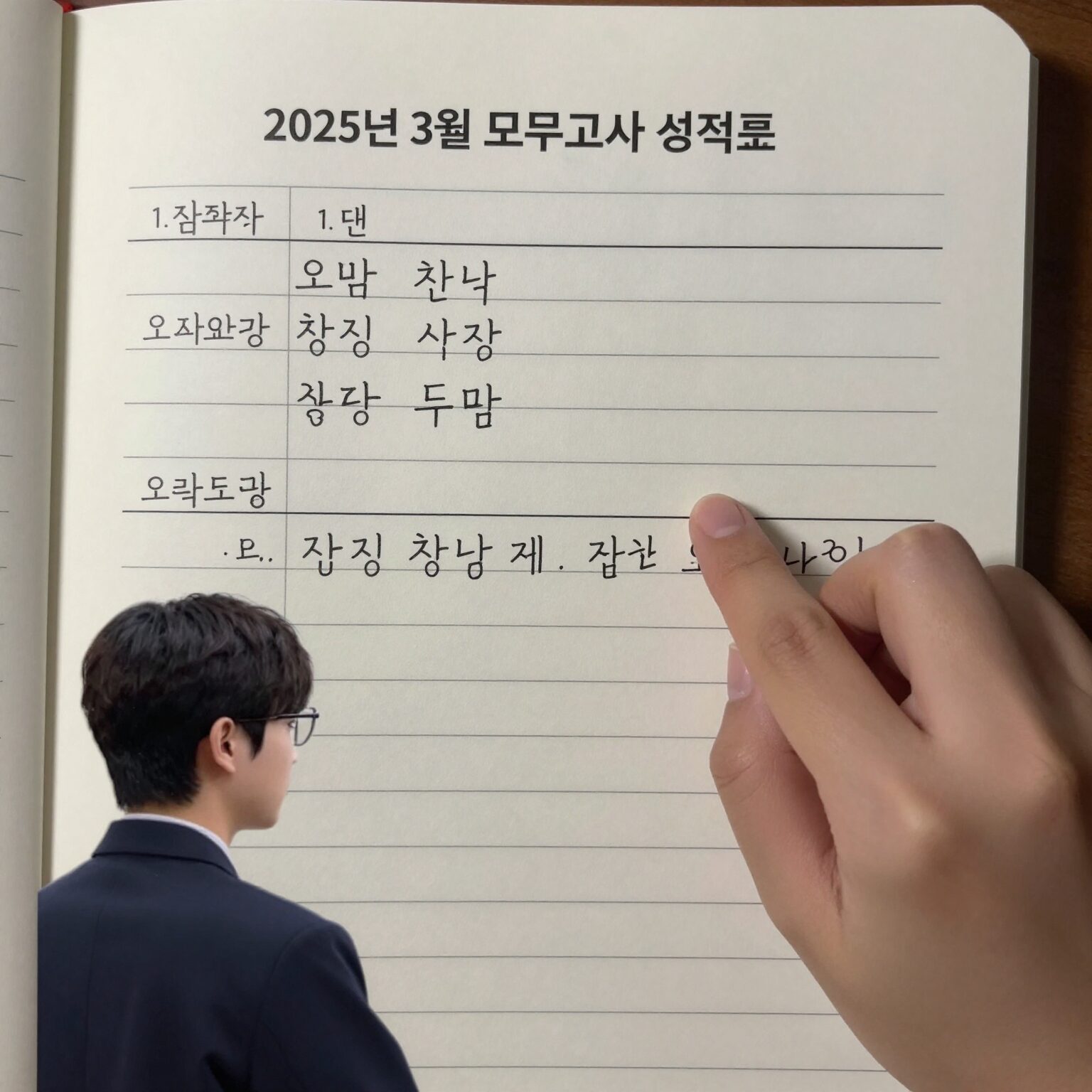 2025년 3월 모의고사 성적표와 오답 노트를 분석하는 학생