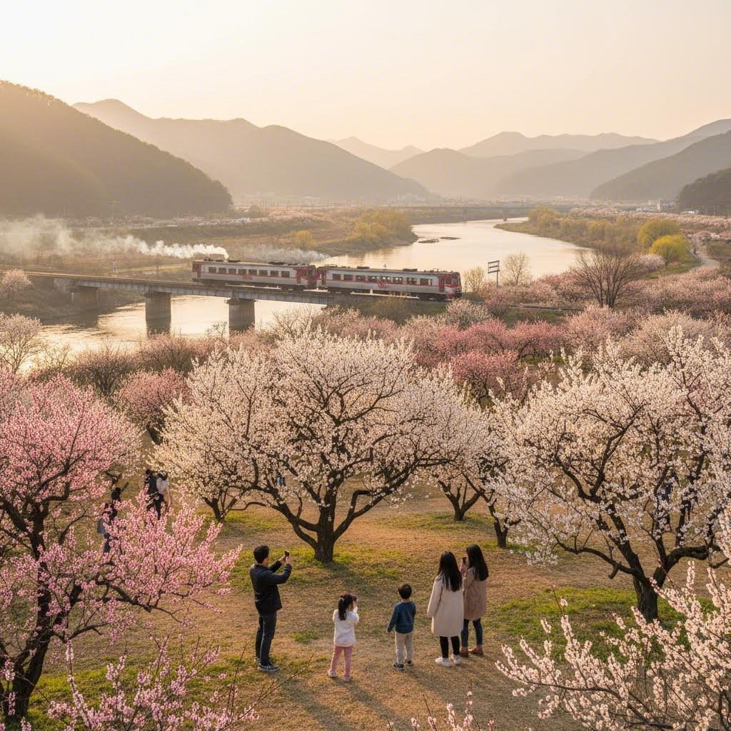 양산 순매원 낙동강 배경 매화나무와 지나는 기차 풍경