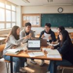 교실에서 팀원들과 아이디어를 나누며 웃고 있는 대학생들