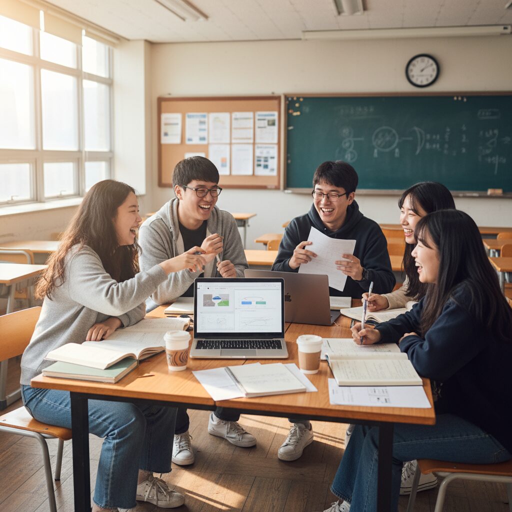 교실에서 팀원들과 아이디어를 나누며 웃고 있는 대학생들