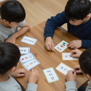 아이와 함께 3어절 문장 카드를 활용하여 놀이하는 모습. 주어, 목적어, 동사 카드를 조합해 문장을 만든다.