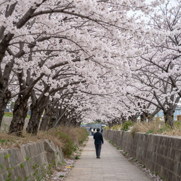 도쿄 강변을 따라 핀 벚꽃 터널 풍경
