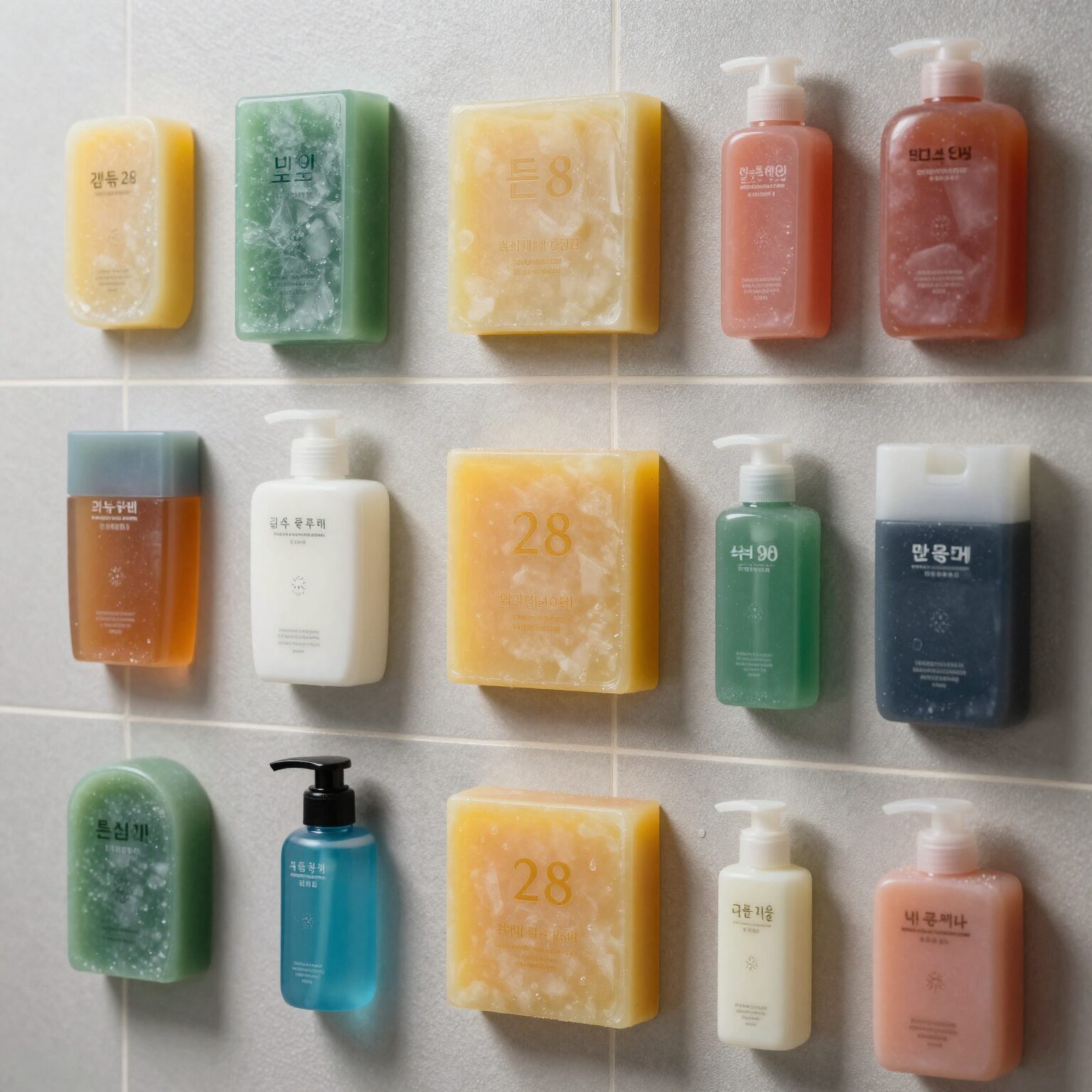 톤28 네고왕 할인 정보와 추천 제품 1 욕실 벽에 걸려있는 다양한 색상의 톤28 고체 비누와 샴푸바