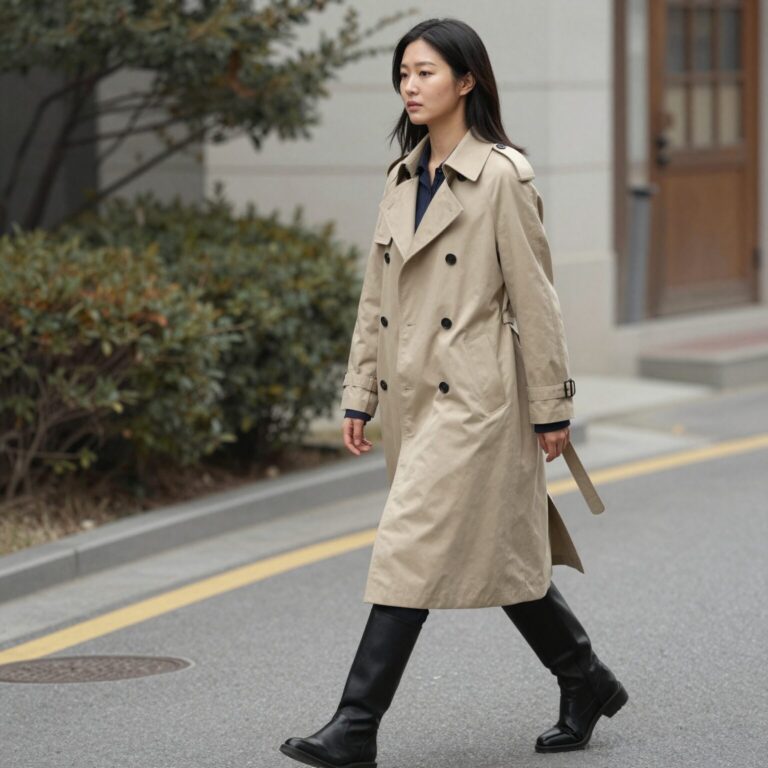 여자가 미디 길이 베이지색 트렌치코트를 입고 거리를 걷는 스타일링 사진