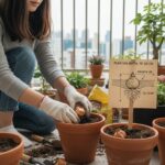 화분에 튤립 구근을 심는 모습과 심는 깊이를 보여주는 다이어그램