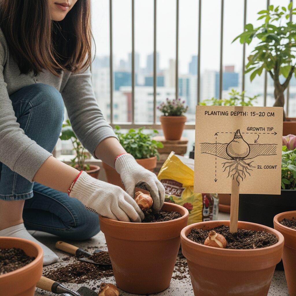 화분에 튤립 구근을 심는 모습과 심는 깊이를 보여주는 다이어그램
