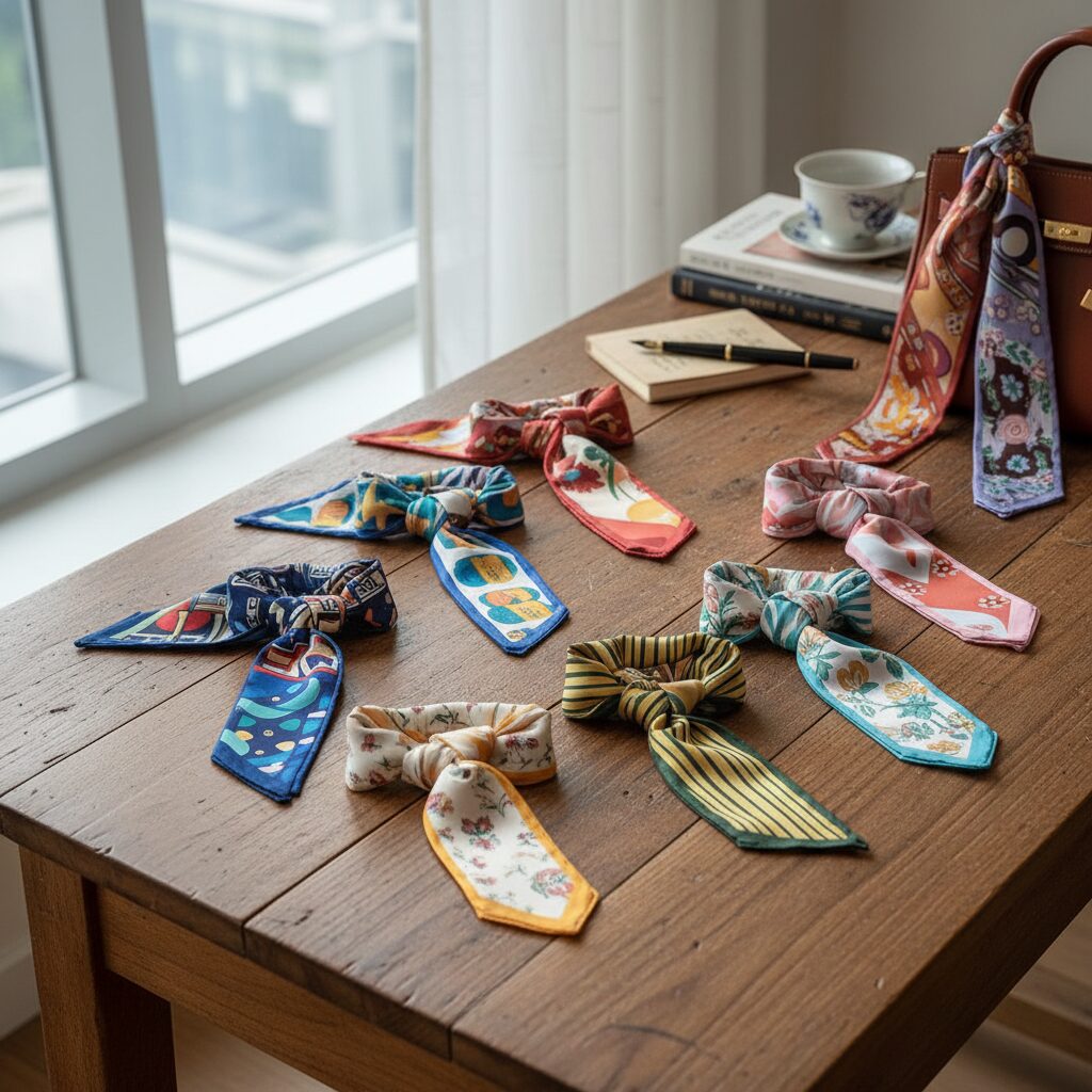 여러 가지 색상의 트윌리스카프를 나무 책상 위에 늘어놓은 사진
