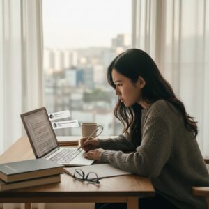 대학생이 책상에서 노트북으로 과제를 검토하며 도움받는 내용을 확인하는 모습