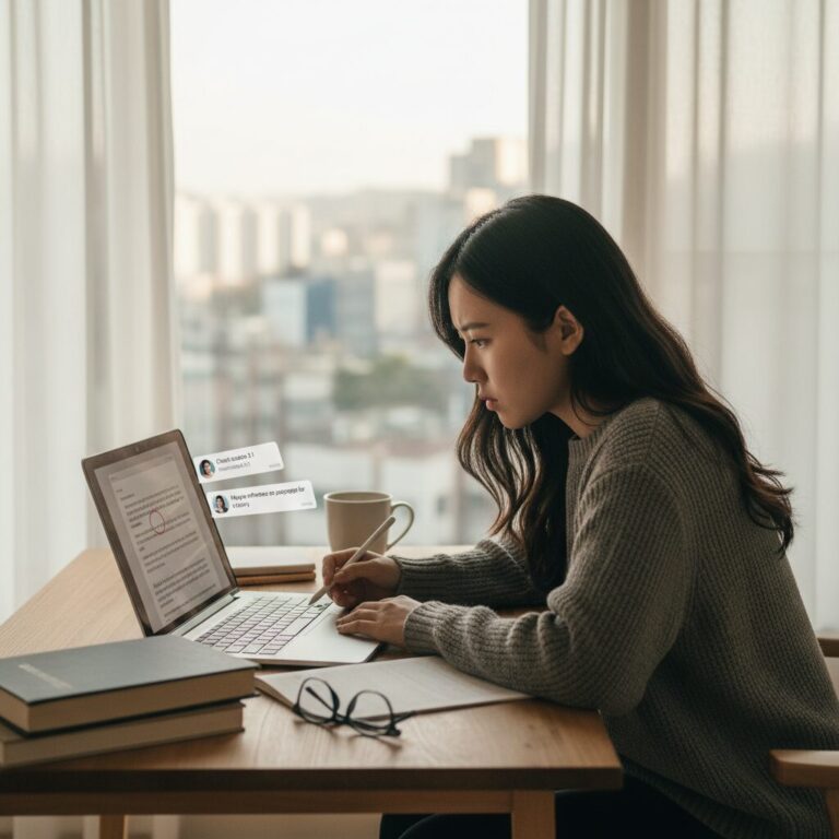 대학생이 책상에서 노트북으로 과제를 검토하며 도움받는 내용을 확인하는 모습