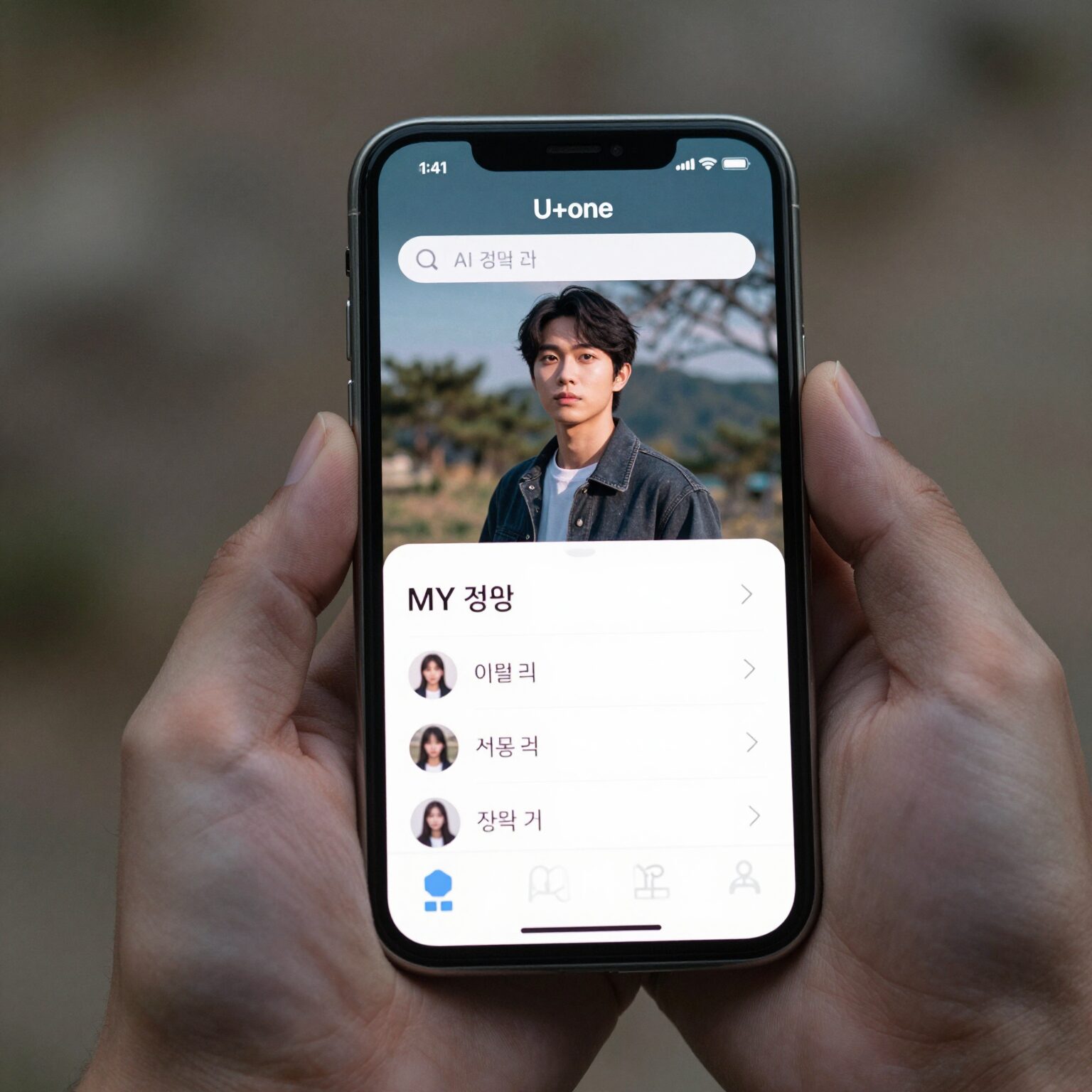 유플러스 U+one 통합앱으로 심플한 통신 생활 1 U+one 앱의 MY 탭과 AI 검색 기능이 표시된 스마트폰 화면