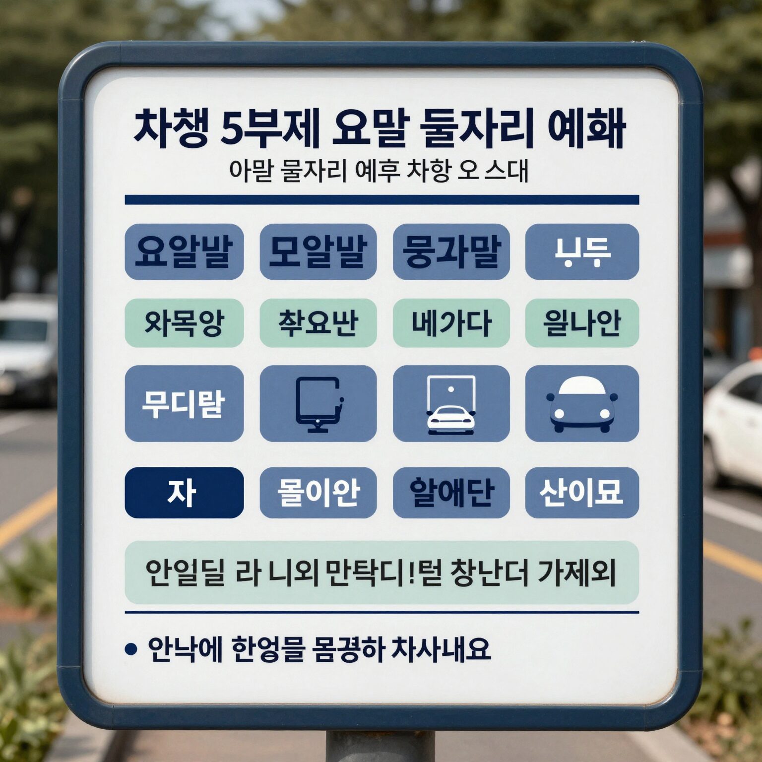 차량 5부제 요일별 번호판 끝자리와 예외 차량 안내 표