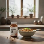 비타민K2 캡슐 제품과 낫또 발효식품이 나란히 놓여 있음