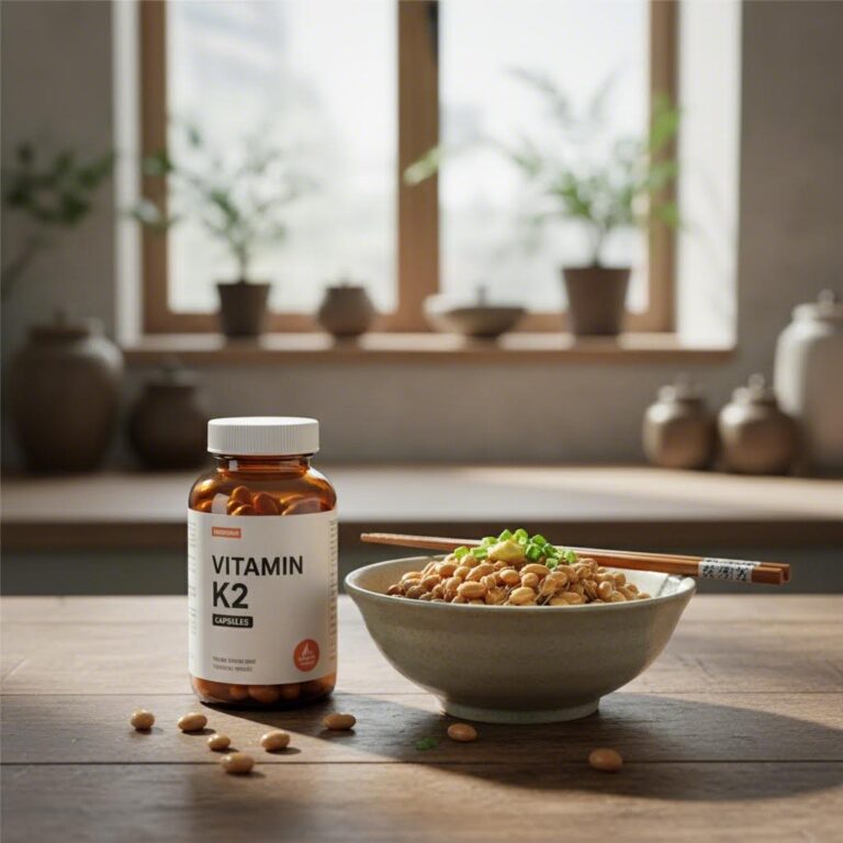 비타민K2 캡슐 제품과 낫또 발효식품이 나란히 놓여 있음