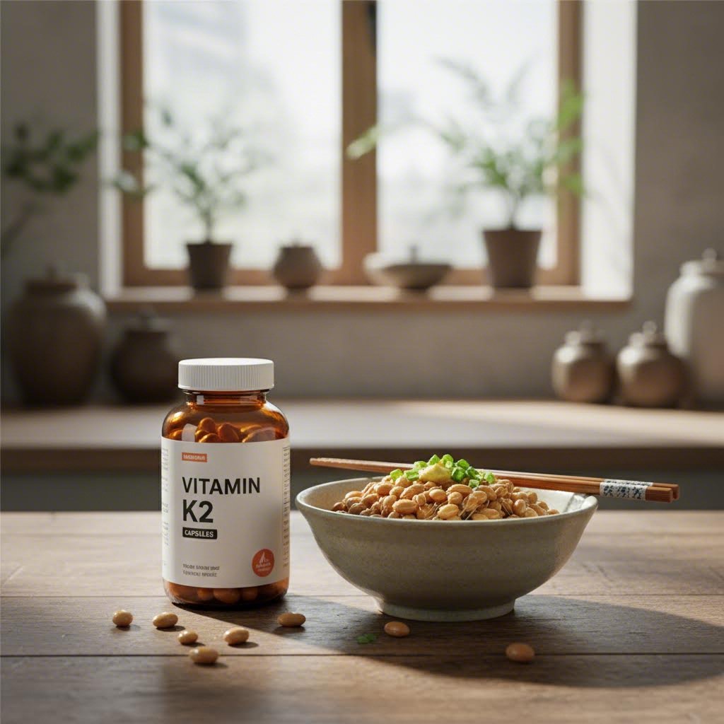 비타민K2 캡슐 제품과 낫또 발효식품이 나란히 놓여 있음