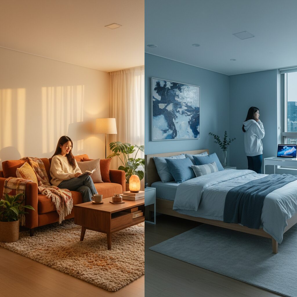 따뜻한 색과 차가운 색으로 꾸민 두 개의 방 비교 사진 왼쪽은 오렌지색 소파와 노란색 조명이 있는 아늑한 거실 오른쪽은 파란색 계열 가구와 차가운 백색 조명이 있는 집중 공간