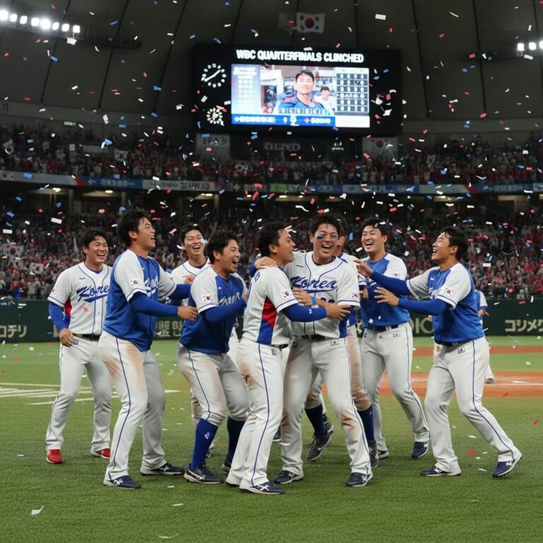 WBC 8강 진출 확정 후 한국 야구 대표팀 선수들이 도쿄돔에서 기뻐하며 포옹하는 장면