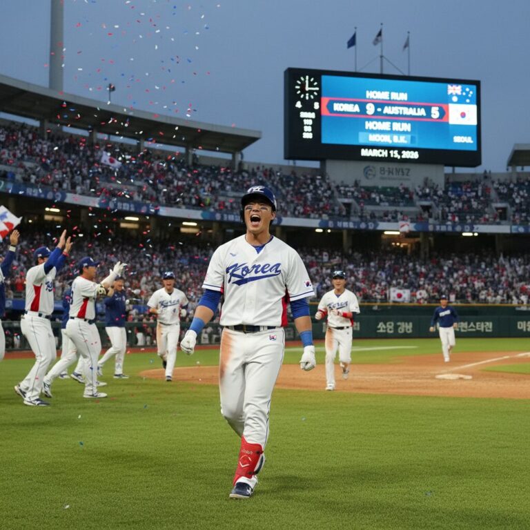 2026 WBC 한국 대 호주전에서 문보경 선수가 홈런을 친 후 기뻐하는 모습
