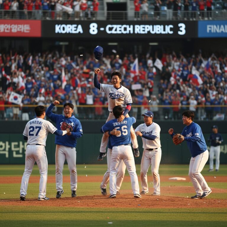 2026 WBC 한국 대표팀이 체코와의 경기에서 승리한 후 선수들이 기뻐하는 모습