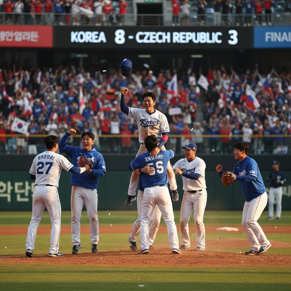 2026 WBC 한국 대표팀이 체코와의 경기에서 승리한 후 선수들이 기뻐하는 모습