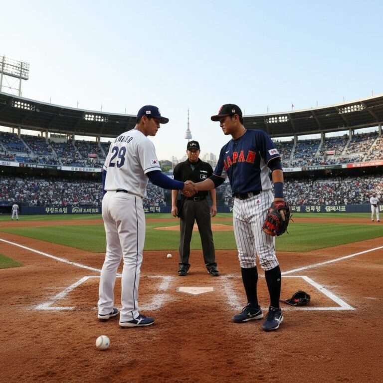 WBC 한국과 일본 야구 선수들이 홈플레이트에서 악수를 나누는 모습