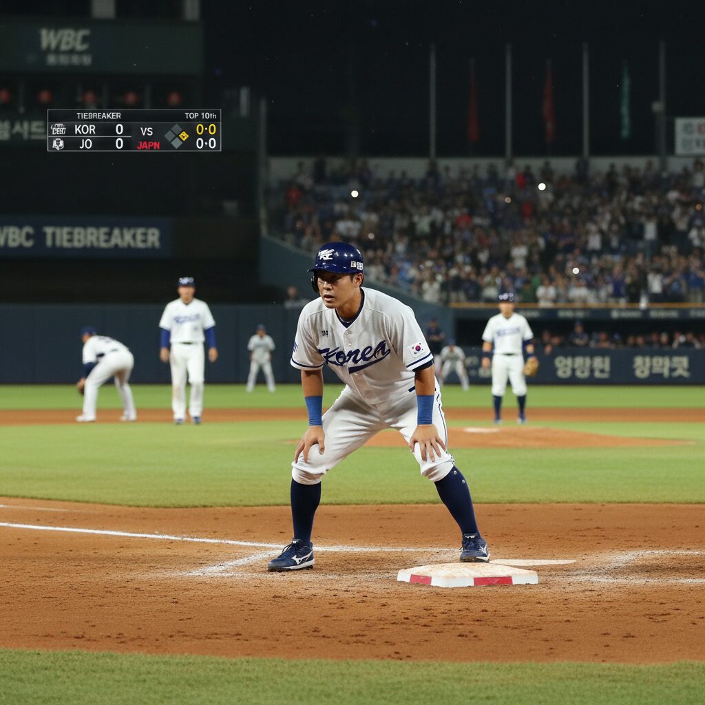 WBC 승부치기 상황에서 2루 주자가 있는 장면