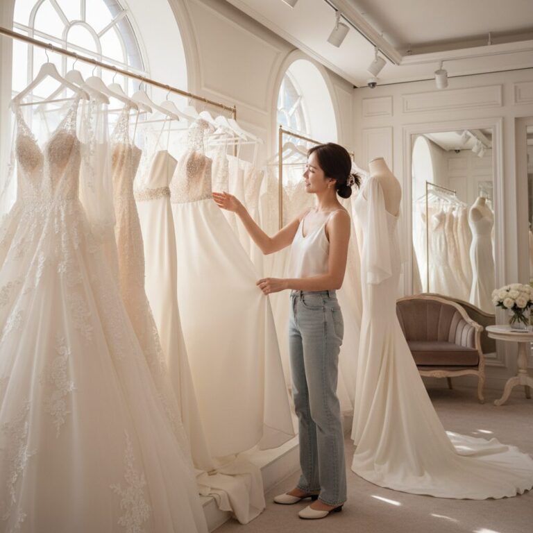 웨딩드레스 피팅을 위해 다양한 스타일의 드레스를 살펴보는 예비 신부