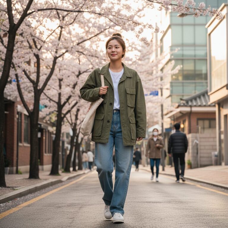 여성 오버핏 봄 야상으로 데일리 코디한 모습