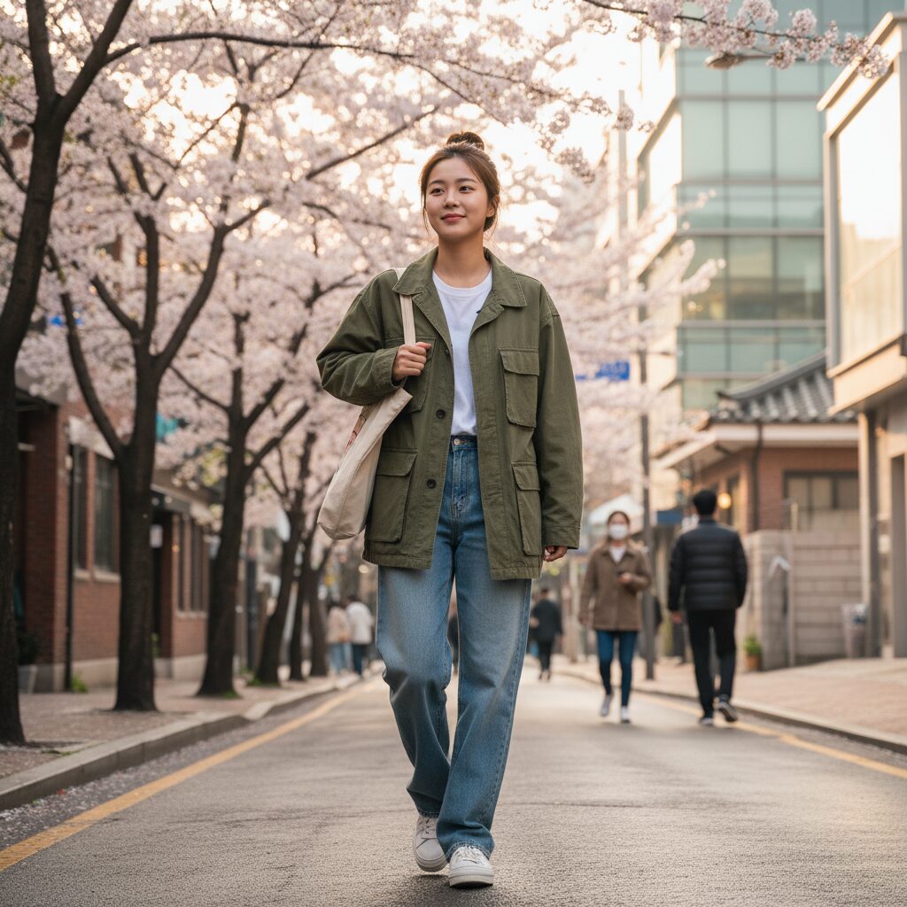 여성 오버핏 봄 야상으로 데일리 코디한 모습