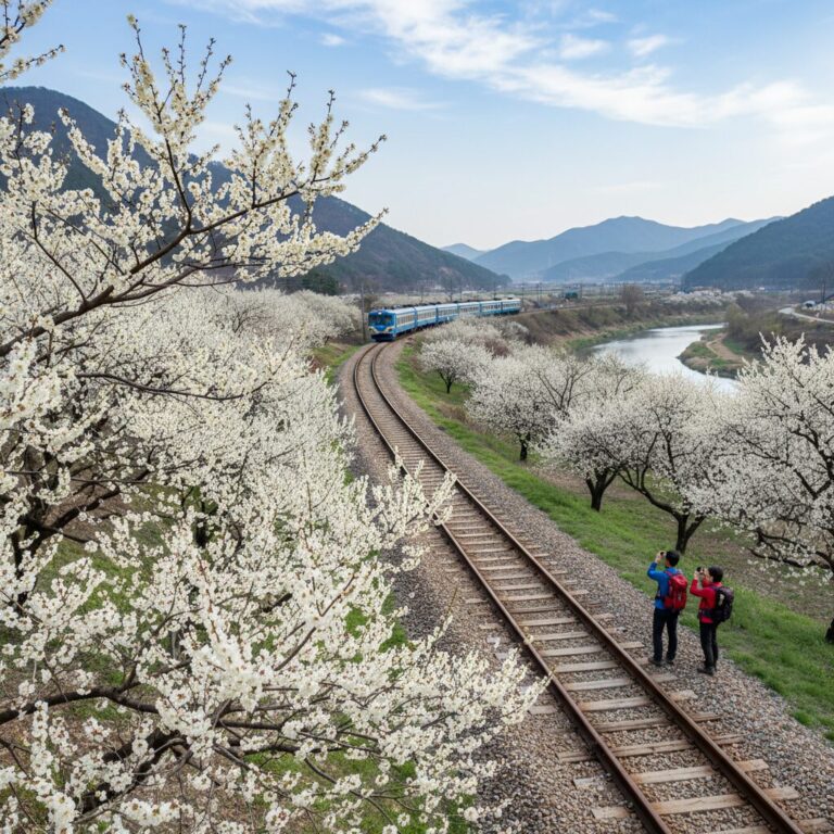 양산 원동 순매원에서 핀 백매화와 배경의 기찻길 풍경