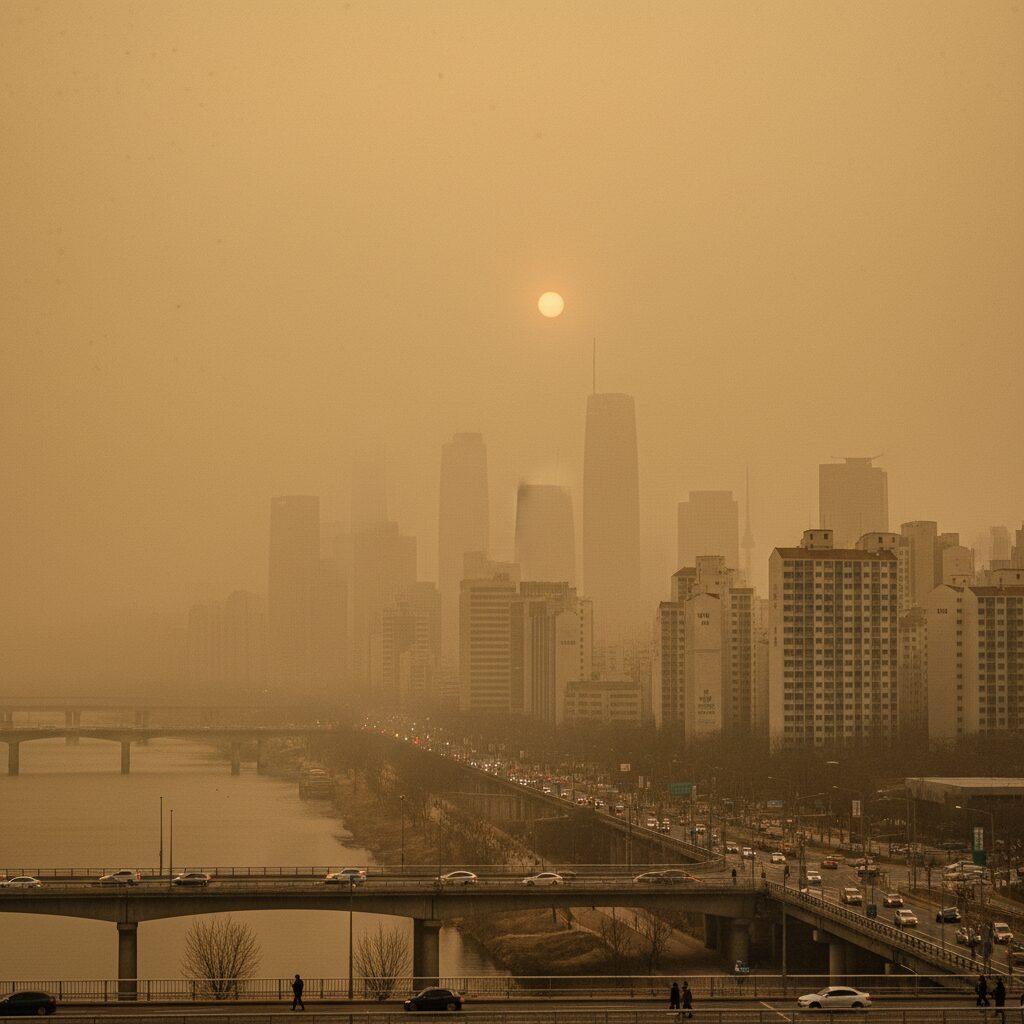 뿌옇게 낀 황사가 있는 도시 하늘 풍경