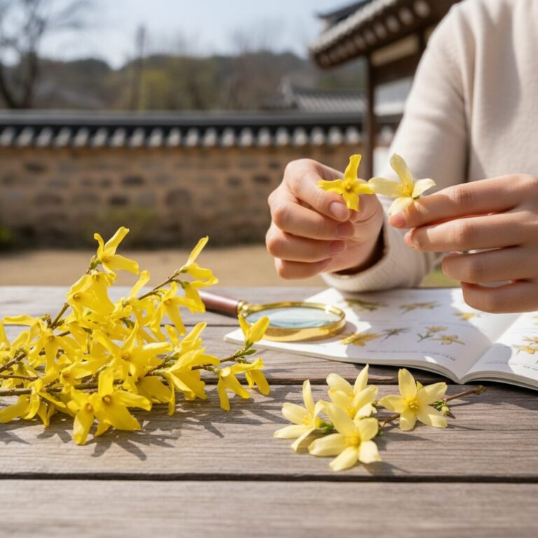 영춘화와 개나리의 꽃잎 개수와 모양 비교 사진