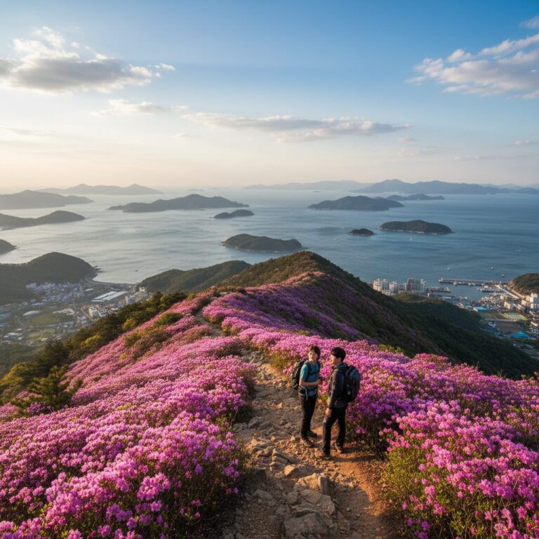 영취산 상암초등학교 등산 코스에서 바라보는 여수 바다와 진달래 꽃길