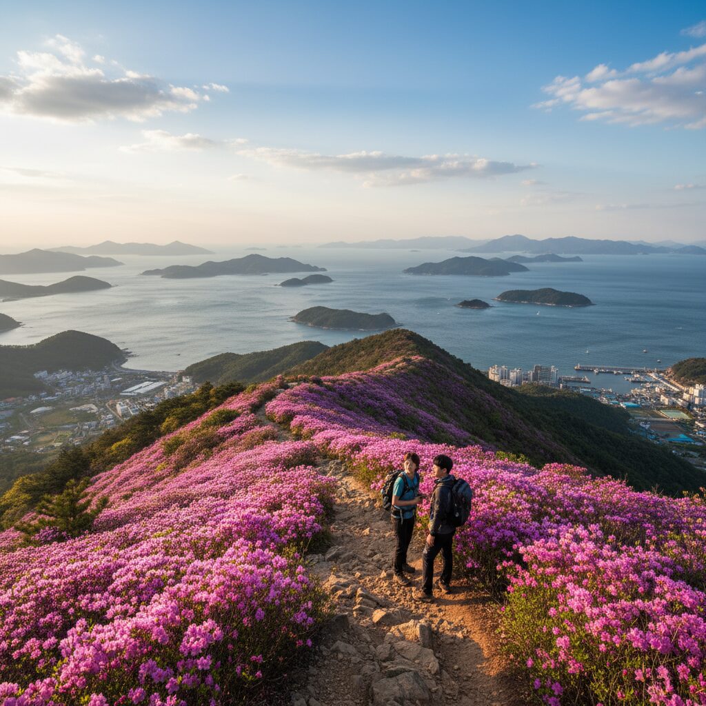 영취산 상암초등학교 등산 코스에서 바라보는 여수 바다와 진달래 꽃길