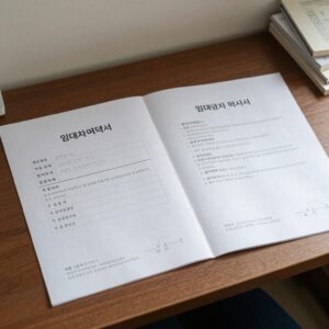 청년월세지원 신청을 위해 책상 위에 놓인 임대차계약서, 가족관계증명서, 통장사본 등 필요한 서류들