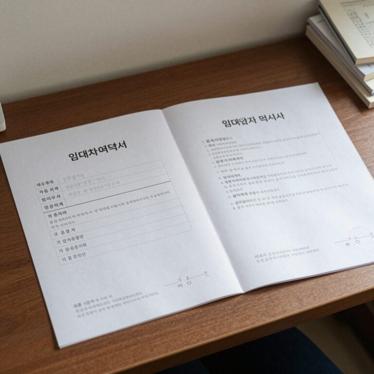 청년월세지원 신청을 위해 책상 위에 놓인 임대차계약서, 가족관계증명서, 통장사본 등 필요한 서류들