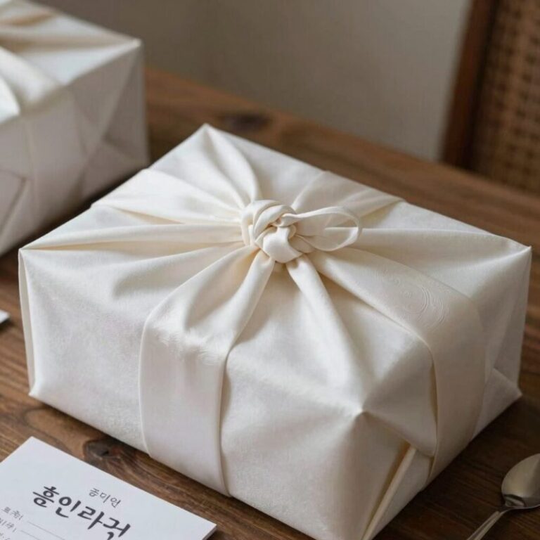 고급스러운 비단보자기에 포장된 한자연 효도라지정과와 수제 카드 선물세트