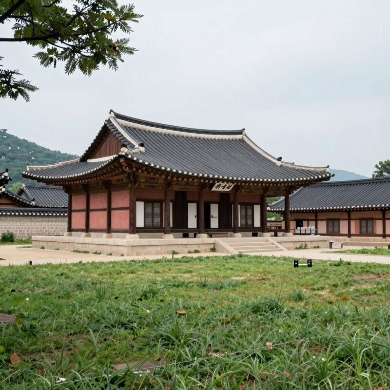 아산 현충사 전경, 전통 한옥 건물과 잔디밭이 조화를 이루는 모습