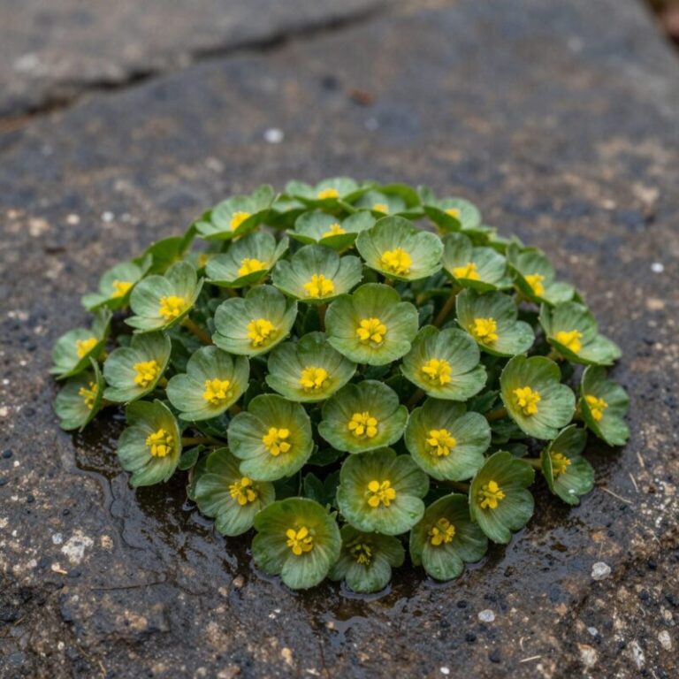 습한 바위에 핀 애기괭이눈 군락, 연녹색 꽃받침과 노란 꽃밥이 선명함