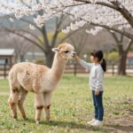 봄 햇살 아래 아이와 알파카가 서로를 바라보며 교감하는 모습, 홍천 알파카월드의 푸른 잔디밭 배경