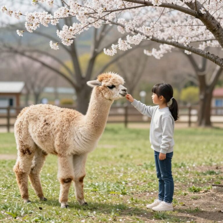 봄 햇살 아래 아이와 알파카가 서로를 바라보며 교감하는 모습, 홍천 알파카월드의 푸른 잔디밭 배경