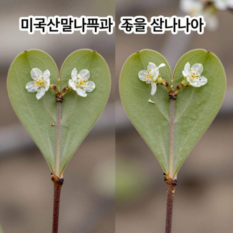 미국산딸나무 꽃과 한국 산딸나무 꽃 비교 사진, 하트형 포엽과 찢어진 모양 포엽 차이