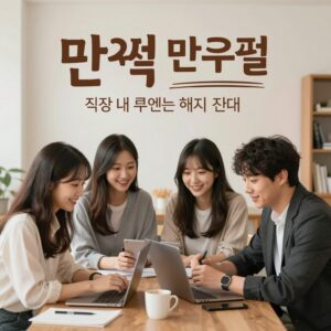직장 내 만우절 이벤트 포스터와 웃고 있는 동료들