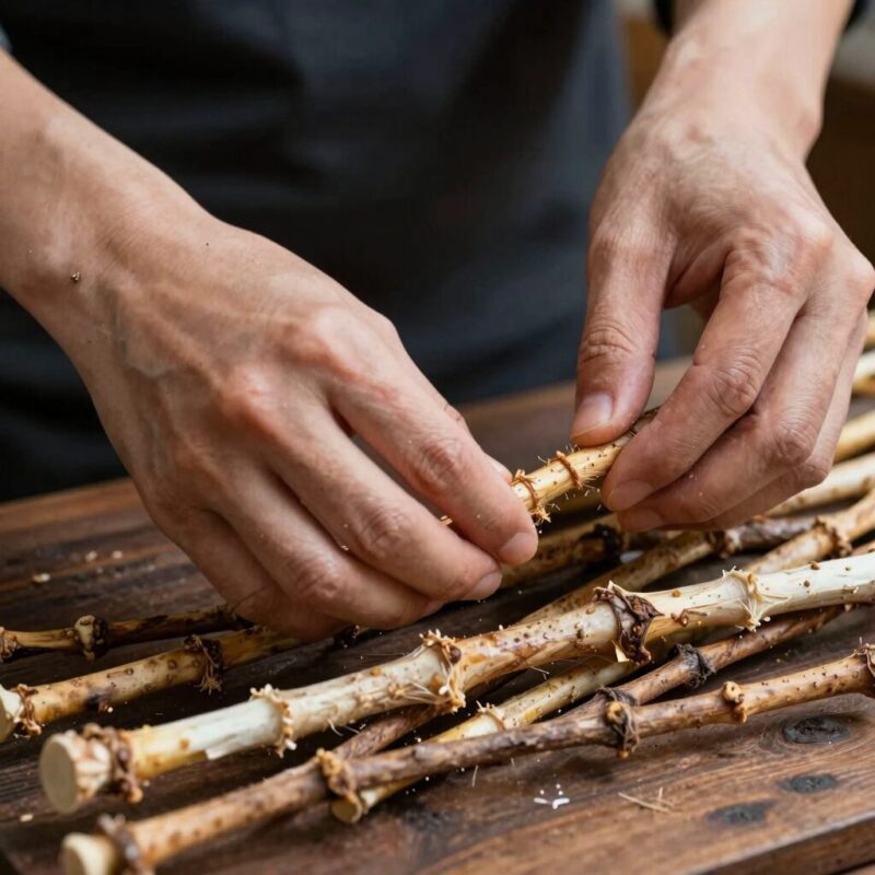 두릅 가시 손질과 데치기 완벽 정리 1 칼로 두릅 줄기의 가시를 부드럽게 긁어내는 손질 과정