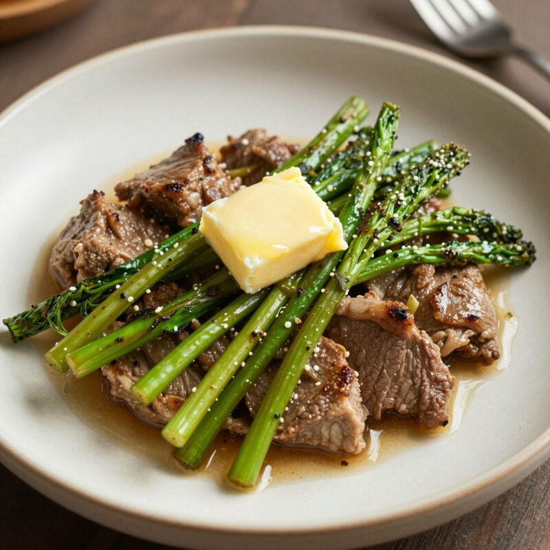 버터에 구워진 소고기와 아스파라거스 요리 사진, 고소한 풍미가 느껴짐