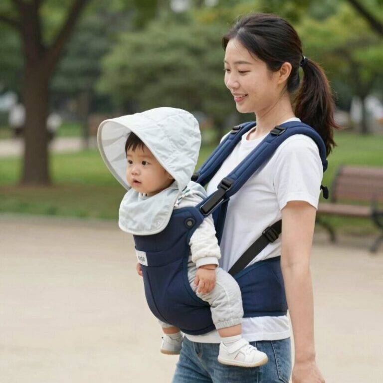 아기띠에 바람막이를 입힌 아기와 엄마가 공원을 산책하는 모습