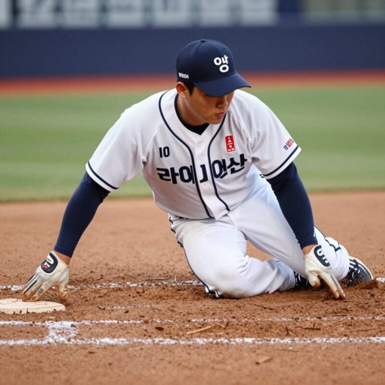 삼성 라이온즈 박승규 선수가 3루로 슬라이딩하는 장면