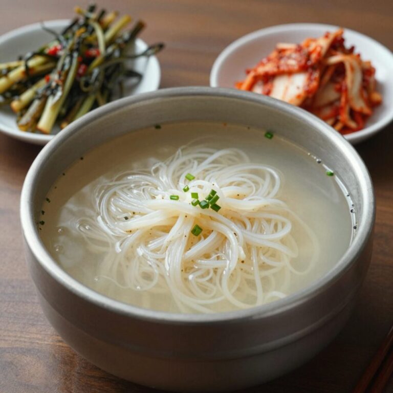 풍년비빔국수 비빔국수 그릇과 열무김치 접시가 함께 있는 모습